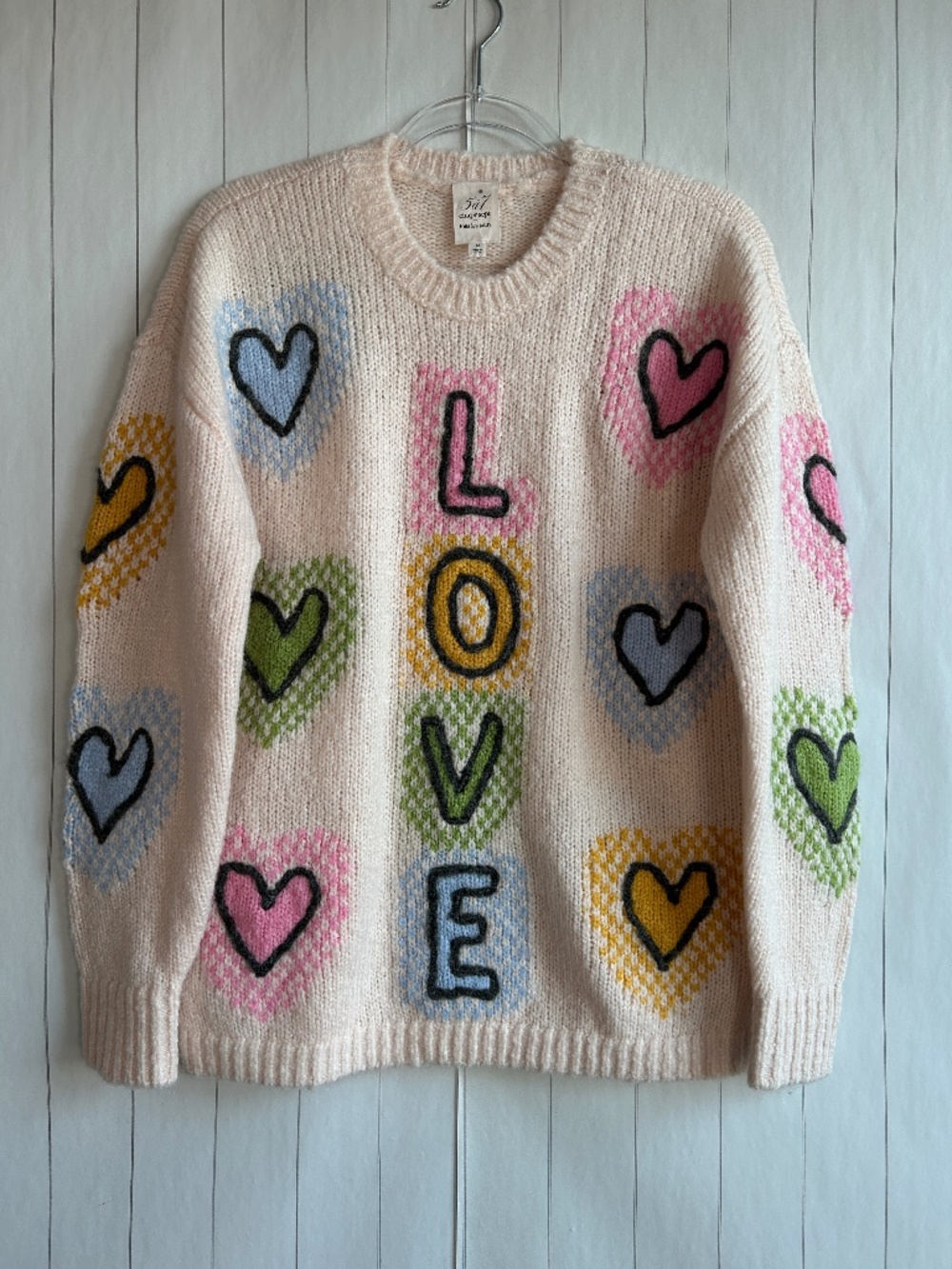 Cinq A Sept size M chunky knit sweater LOVE hear print beige wool jumper